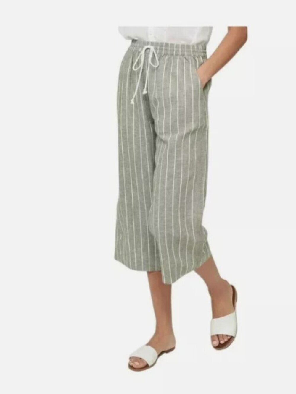 BEACHLUNCHLOUNGE Linen Pants Cropped Pull On Green White Stripe Wide Leg Sz XL